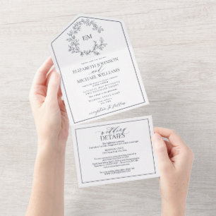 QR Code Navy Blue Leafy Crest Monogram Wedding All In One Invitation