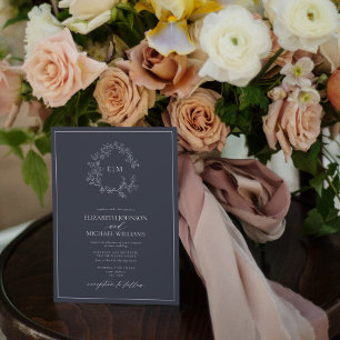 QR Code Navy Blue Leafy Crest Monogram Wedding Invitation