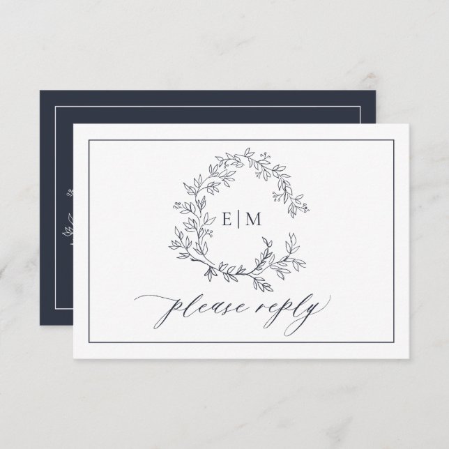 QR Code Navy Blue Leafy Crest Monogram Wedding RSVP Card (Front/Back)