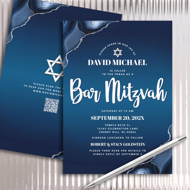 QR Code Navy Blue Ombre Agate Script Bar Mitzvah Invitation (Creator Uploaded)