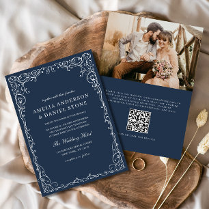 QR Code Navy Blue Photo Minimalist Elegant Wedding Invitation