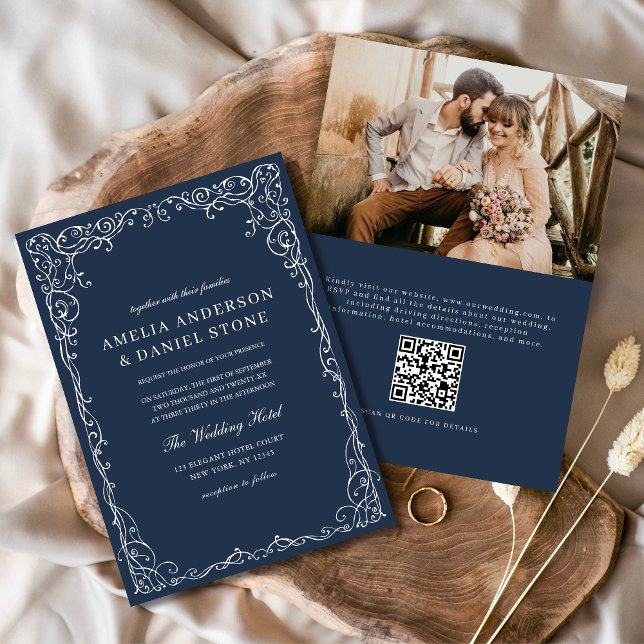 QR Code Navy Blue Photo Minimalist Elegant Wedding Invitation (Creator Uploaded)