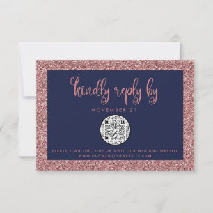 QR Code Navy Blue Rose Gold Glitter Wedding RSVP Card