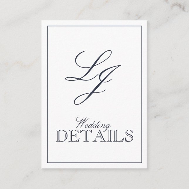 QR Code Navy Blue Script Monogram Wedding Details Enclosure Card (Front)