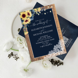 QR Code Navy Blue Sunflower Wood Lace Wedding Invitation
