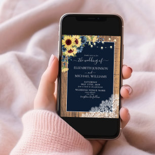 QR Code Navy Blue Sunflower Wood Lace Wedding Invitation
