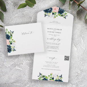 QR CODE navy pink blush elegant floral wedding All In One Invitation