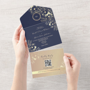 QR Code Navy Rose Gold Wedding All In One Invitation
