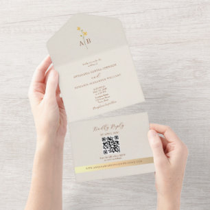 QR Code Neutral Ivory Gold Wildflower Wedding All In One Invitation