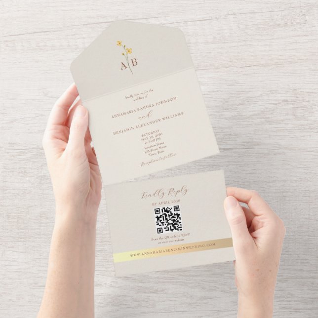 QR Code Neutral Ivory Gold Wildflower Wedding All In One Invitation (Tearaway)