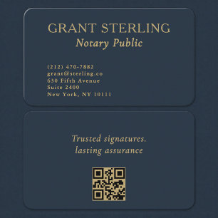 QR Code Notary Public Navy Blue Gold Business Card