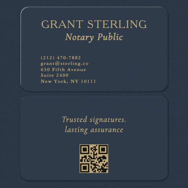 QR Code Notary Public Navy Blue Gold Business Card (Creator Uploaded)