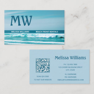 QR Code Ocean Wave Initials Business Card