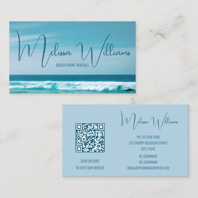 QR Code Ocean Wave Initials Business Card (Front/Back)