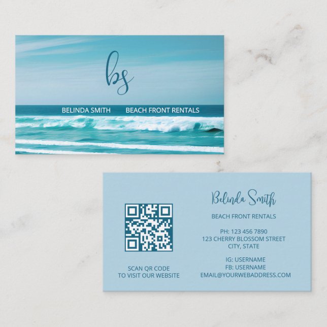 QR Code Ocean Wave Initials Business Card (Front/Back)
