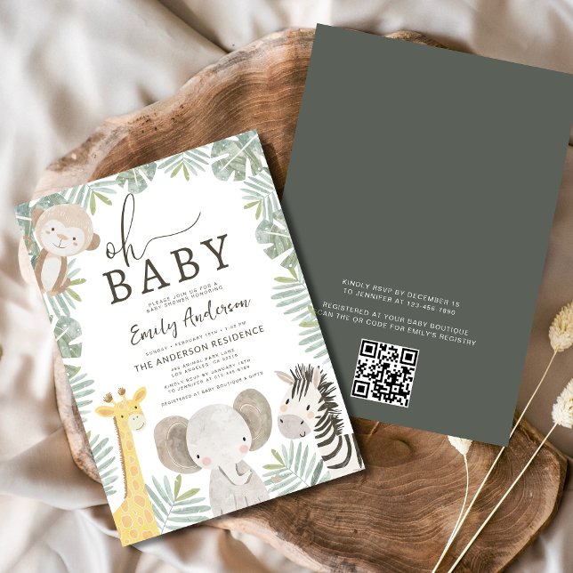 QR Code Oh Baby Safari Animal Boy's Baby Shower Invitation (Creator Uploaded)