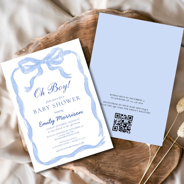 QR Code Oh Boy Blue Ribbon Bow Baby Shower Invitation (Creator Uploaded)