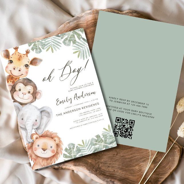 QR Code Oh Boy Safari Animal Boy's Baby Shower Invitation (Creator Uploaded)