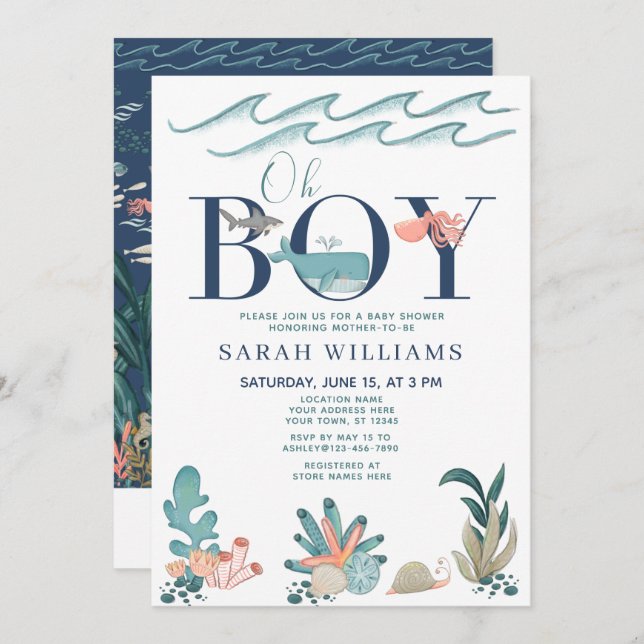 QR Code Oh Boy Under the Sea Blue Baby Shower Invitation (Front/Back)