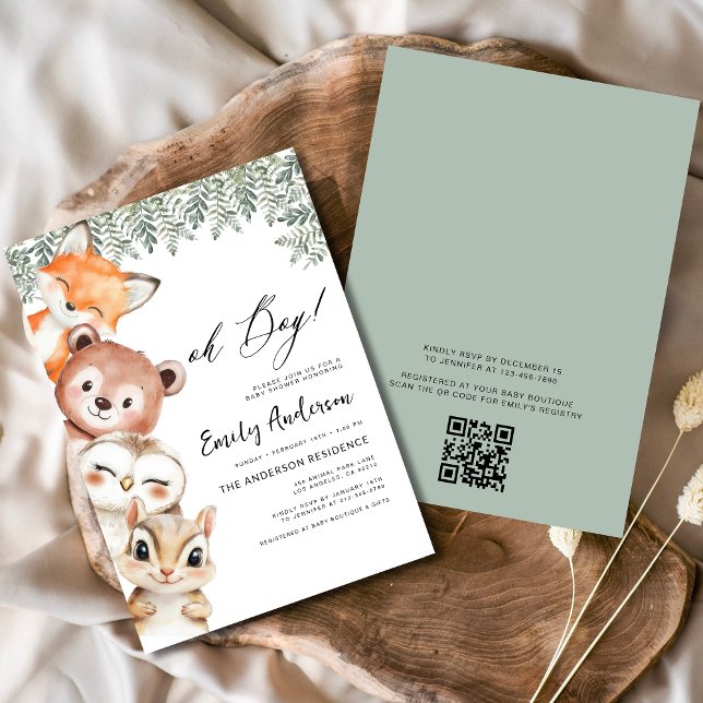 QR Code Oh Boy! Woodland Animals Baby Shower Invitation (Creator Uploaded)