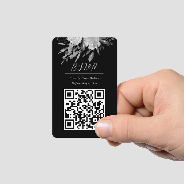 QR Code Online Photo Black Floral Website RSVP Business Card (Creator Uploaded)