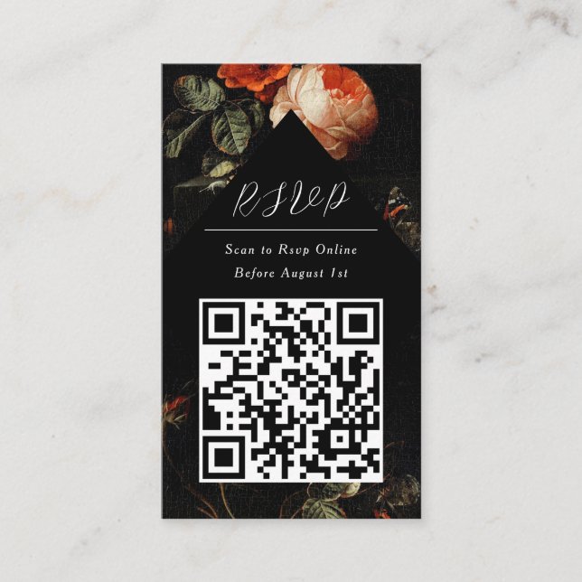 QR Code Online Photo Black Floral Website RSVP Enclosure Card (Front)