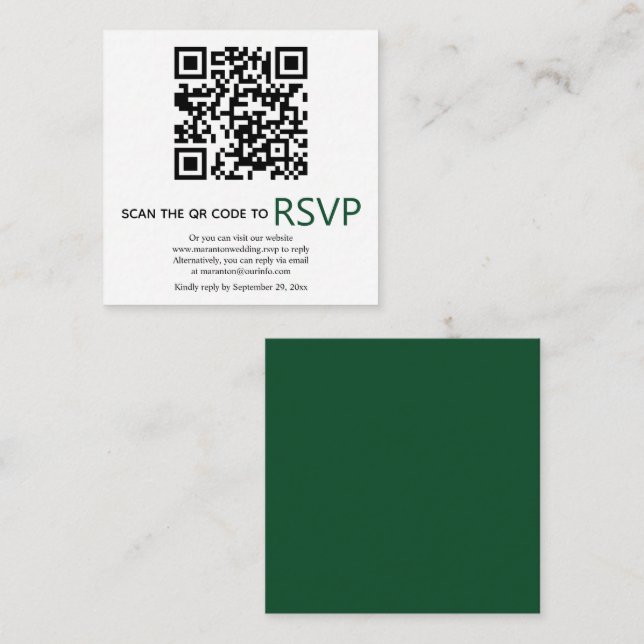 QR code online RSVP modern emerald green wedding Enclosure Card (Front/Back)