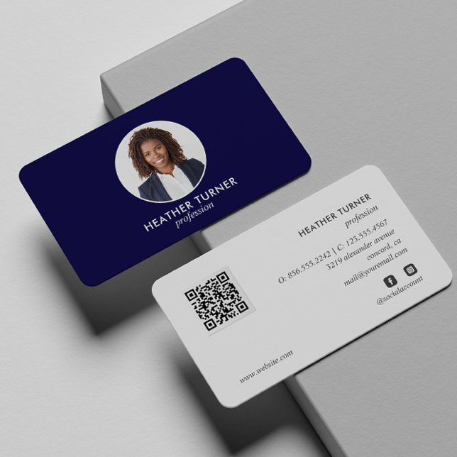 QR CODE or Logo Professional Headshot NAVY PHOTO  Business Card (Creator Uploaded)
