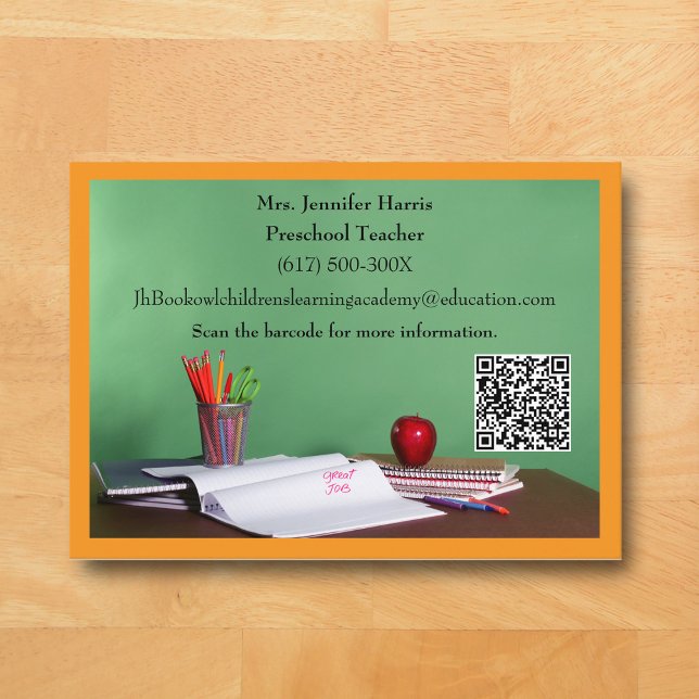 QR Code Orange Grade School Preschool Teacher  Business Card (Orange Business Card for Teacher )