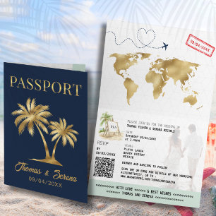 QR Code Palm Tree Passport Style Wedding Invitation