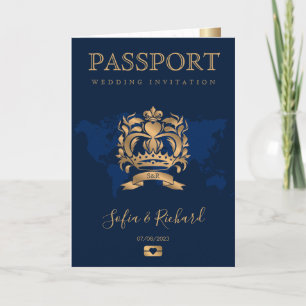 QR Code Passport Destination Wedding Gold Navy Invitation