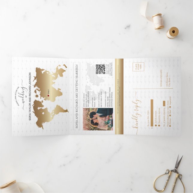 QR Code Passport Destination Wedding Gold Navy  Tri-Fold Holiday Card (Inside)