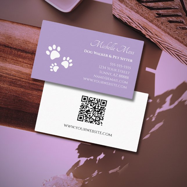 QR code Paw Prints Pet Sitter Elegant Purple Business Card (Creator Uploaded)