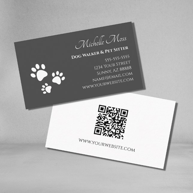 QR code Paw Prints Pet Sitter Grey Business Card (Creator Uploaded)