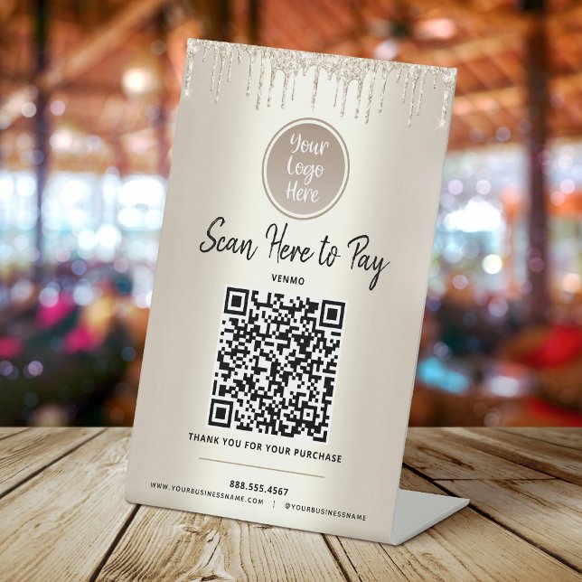 QR Code Pay Here Gold Glitter Drips Custom Logo Pedestal Sign (Creator Uploaded)