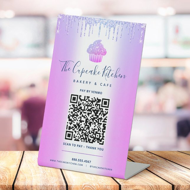 QR Code Pay Here Purple Cupcake Glitter Bakery Pedestal Sign (Creator Uploaded)