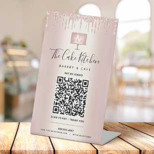 QR Code Pay Here Rose Gold Glitter Cake Bakery Pedestal Sign