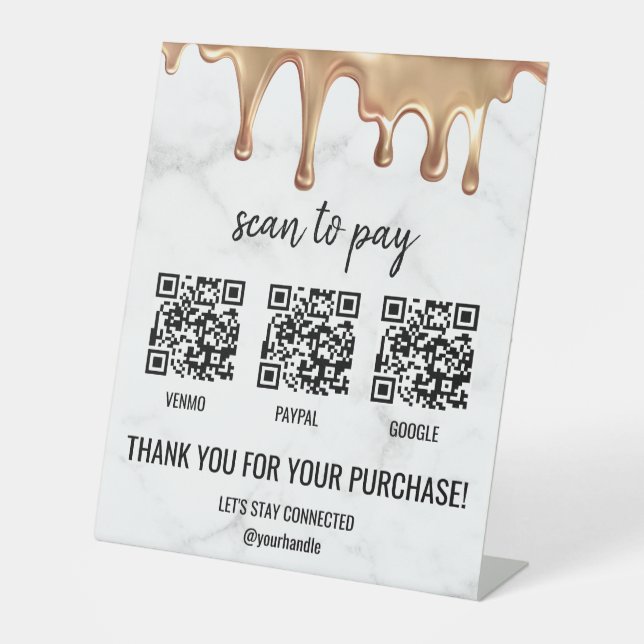 QR Code Payment Cashapp Paypal White Marble Gold Pedestal Sign (Front)