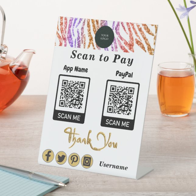 QR Code Payment Orange Glitter Zebra Stripes Pedestal Sign (In SItu)