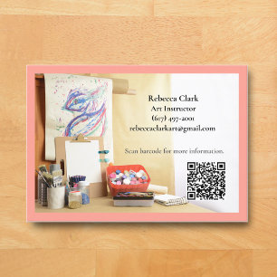 QR Code Peach Pink Art Teacher Tutor Art Class  Business Card
