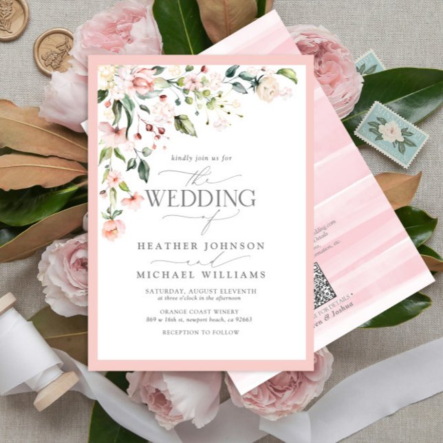 QR Code Peach Pink Watercolor Floral Wedding Invitation (Creator Uploaded)