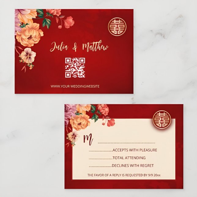 QR Code Peony Red RSVP Chinese Wedding Card (Creator Uploaded)