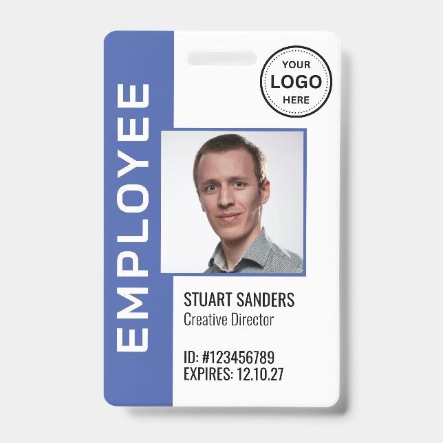 QR Code Periwinkle Corporate Logo Photo Employee ID Badge (Front)