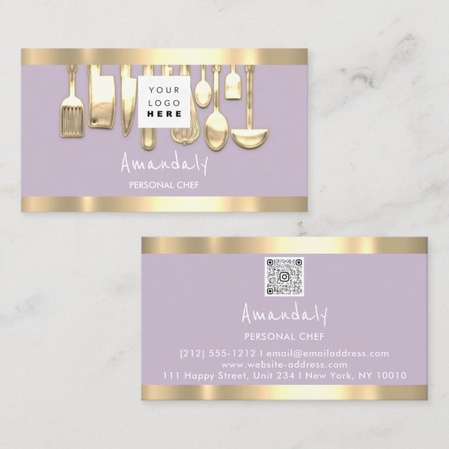 QR Code Personal Chef Cooking Restaurant Lavender Business Card (Front/Back)