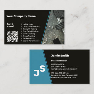 QR Code Personal Trainer Black & Blue Business Card