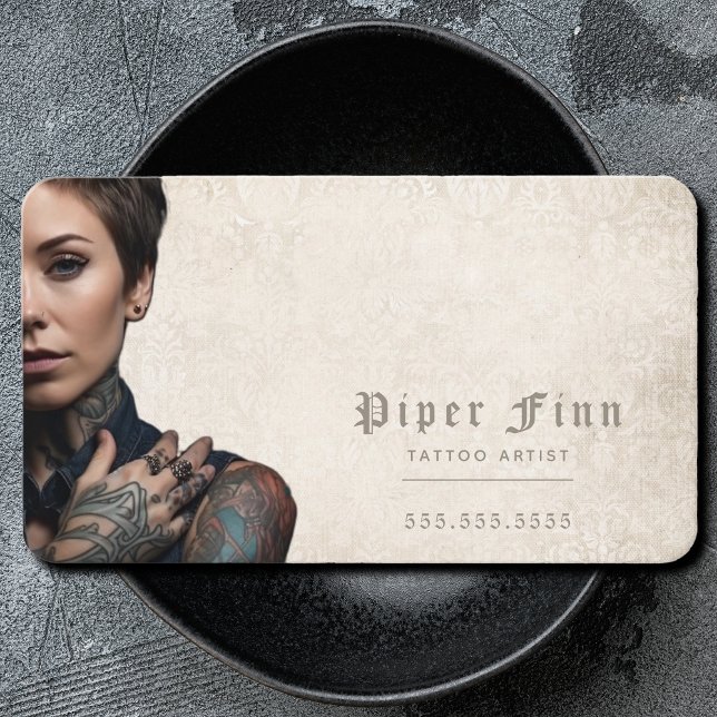 QR Code Personalised Demask Vintage Tattoo Artist Business Card (Creator Uploaded)