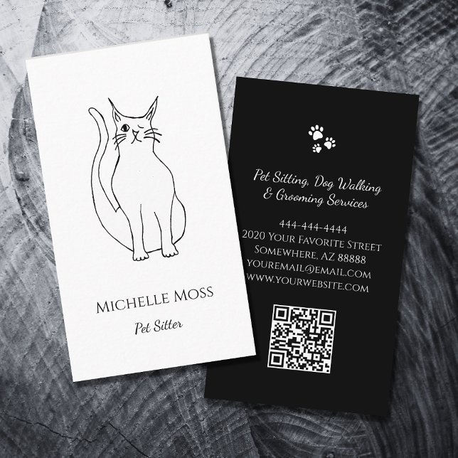 QR code Pet Sitter Cute Winking Cat Black White  Business Card (Creator Uploaded)