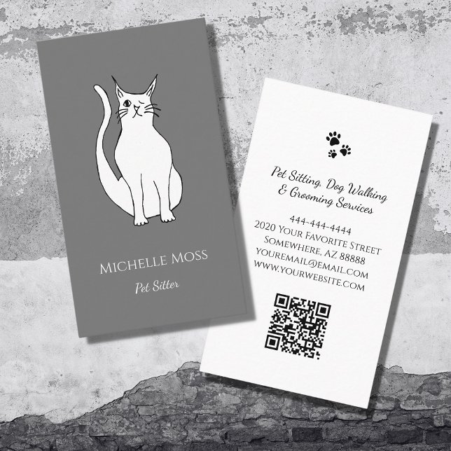 QR code Pet Sitter Cute Winking Cat Grey Business Card (Creator Uploaded)