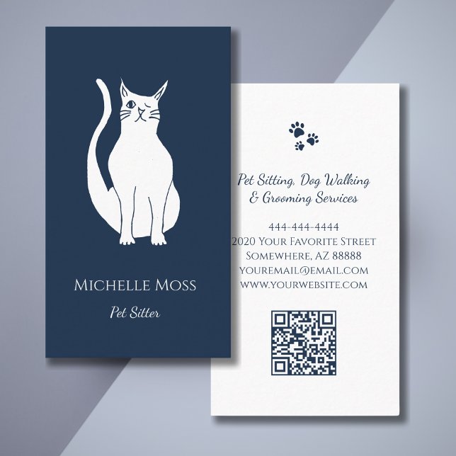 QR code Pet Sitter Cute Winking Cat Navy Blue Business Card (Creator Uploaded)