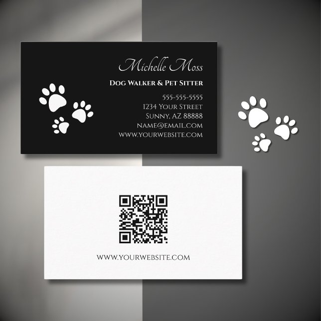 QR code Pet Sitter Paw Prints Black White Business Card (Creator Uploaded)
